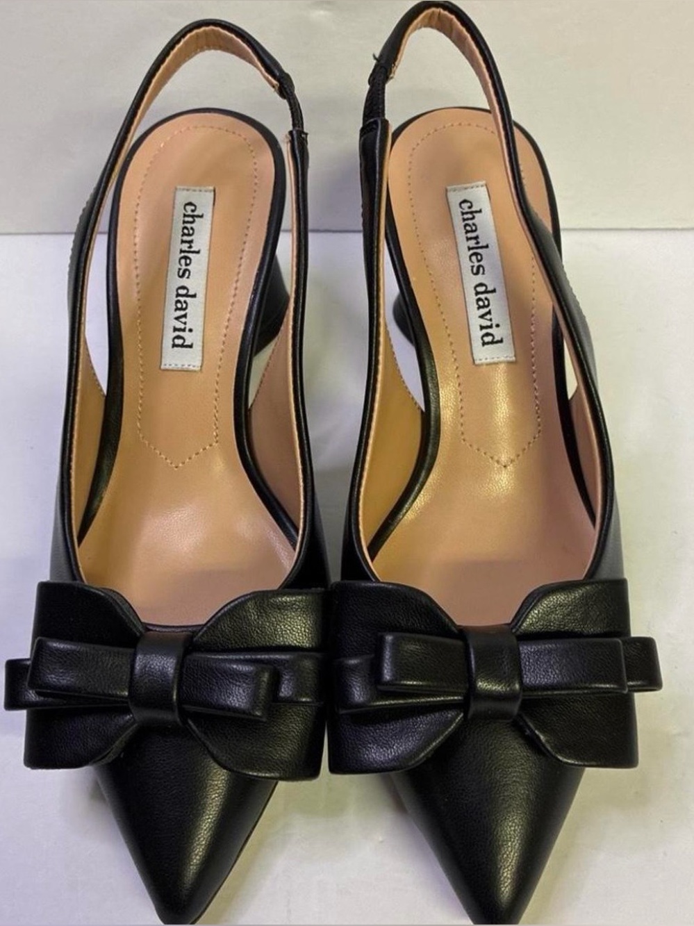 Charles David Black Leather Pointed-Toe Slingback Pumps with Bow Detail